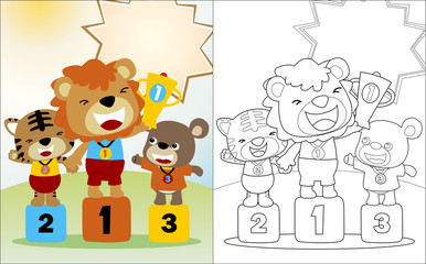 Funny animals cartoon on winner podium competition, coloring book or page