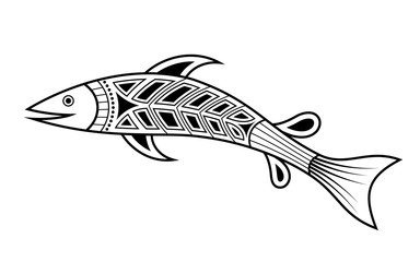 Wall Mural - Fish. Aboriginal art style. Vector monochrome illustration isolated on white background.