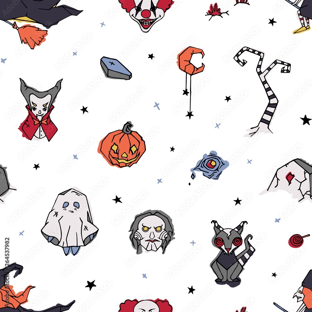 Halloween seamless pattern with creepy and spooky characters hand drawn ...