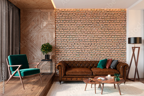 Modern Living Room Interior With Brick Wall Blank Wall