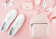 © netrun78 - Flat lay with girls spring summer accessories in pink pastel tones. Casual urban summer style