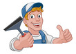 Window cleaning cartoon cleaner mascot man holding a carwash squeegee tool. Peeking over a sign and giving a thumbs up.