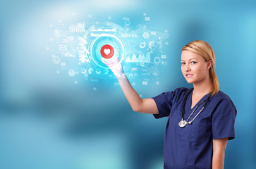 Poster - Doctor touching hologram screen displaying medical symbols and charts

