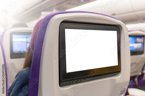 Fotografía Mockup of Aircraft monitor on cabin in passenger seat plane interior