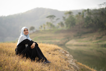 Sticker - muslim arabic woman at beautiful outdoor enjoy carefree concept