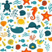 Seamless Cute Underwater Pattern On White Background. Sea Vector Animals. It Can Be Used For Backgrounds, Surface Textures, Wallpapers, Print Fills. Kids Fashion. Flat Design