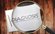 Study, learn and explore diagnosis - pictured as a magnifying glass enlarging word diagnosis, symbolizes analyzing, inspecting and researching the meaning of diagnosis, 3d illustration
