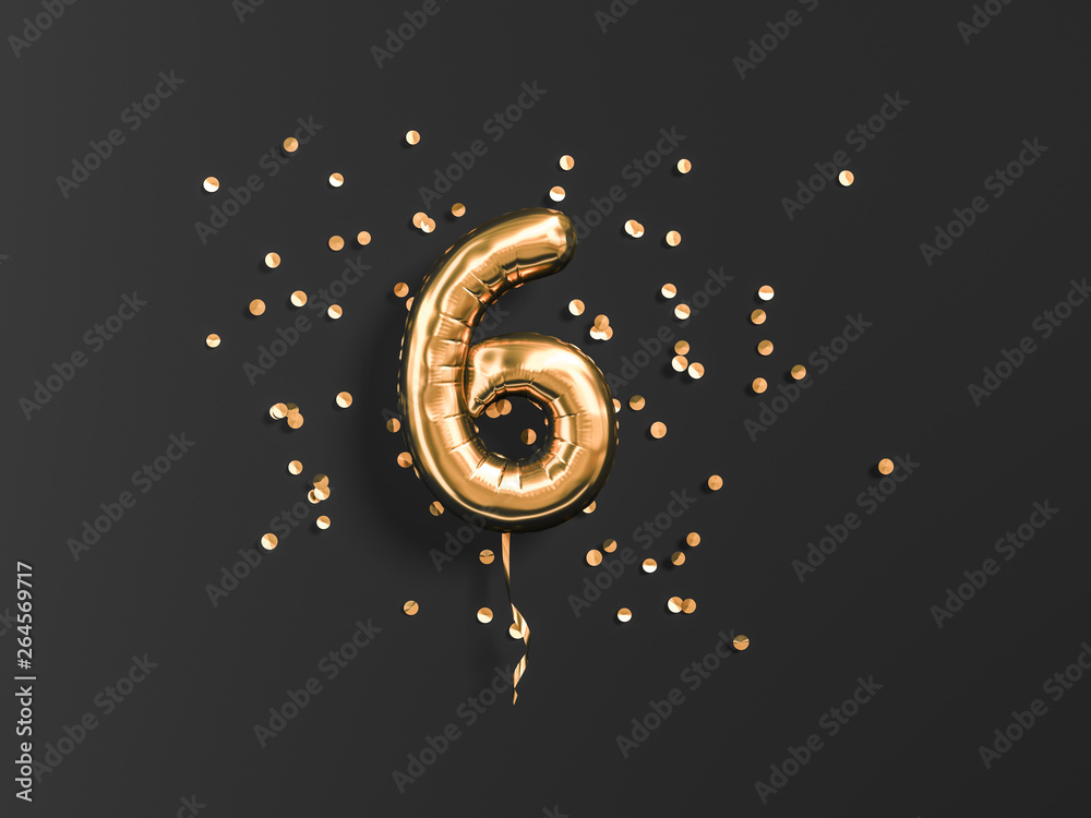 Six year birthday. Number 6 flying foil balloon and gold confetti on black. Six-year anniversary background. 3d rendering - obrazy, fototapety, plakaty 