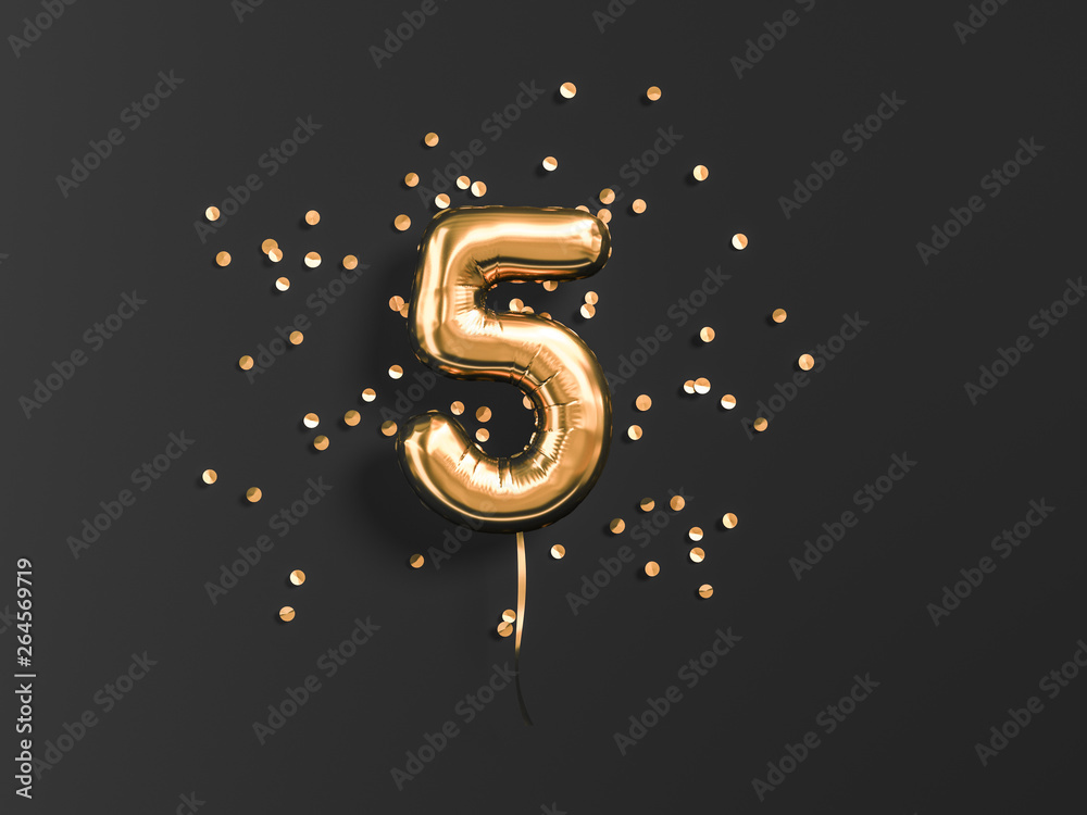 Five year birthday. Number 5 flying foil balloon and gold confetti on black. Five-year anniversary background. 3d rendering - obrazy, fototapety, plakaty 