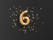 Six year birthday. Number 6 flying foil balloon and gold confetti on black. Six-year anniversary background. 3d rendering
