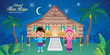 vector illustration with cute muslim kids holding a lamp light and ketupat and traditional malay village house. Malay word 