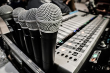 Many Microphone Standby On Sound Mixer Board With Colorful Jack In Out To Adjust Detail Of Volume High Low Bar MC DJ On Stage And Profession To Speak Presentation, Soundboard Equipment Selective Focus