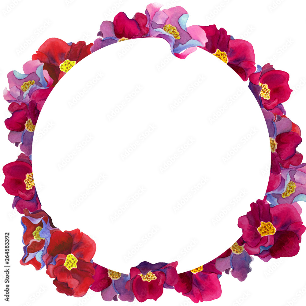 Watercolor round frame of hibiscus flowers with pink and red petals ...