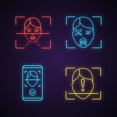 Canvas Print - Facial recognition neon light icons set