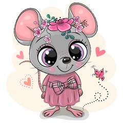 Canvas Print - Greeting card Cartoon Mouse with flowers