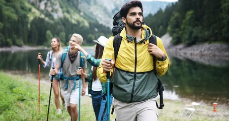 Wall Mural - Group of people hikers walking in mountains