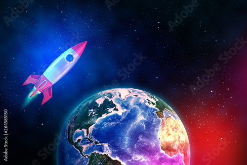 3d rendering of toy space rocket in space flying over the planet Earth.