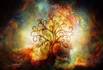 Poster - tree of life symbol on structured and space background, yggdrasil.