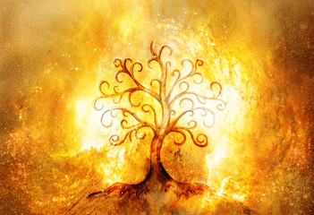 Poster - tree of life symbol on structured and space background, yggdrasil.