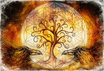 Poster - pair of ravens with tree of life and sacred geometry flower of life symbol, space background.