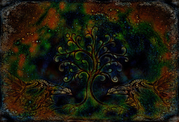 Poster - pair of ravens with tree of life symbol.