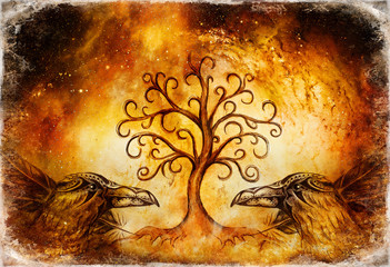 Poster - pair of ravens with tree of life symbol.