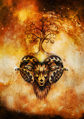 Poster - ornamental painting of Aries, sacred animal symbol and tree of life in cosmic space.
