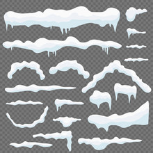 Realistic Snow Caps Set, New Year Winter Ice Elements On Transparent Background. Vector Snow Drift Collection.