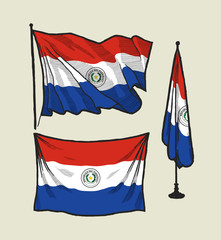 Flag of Paraguay on the wind and on the wall - vector drawing illustration set