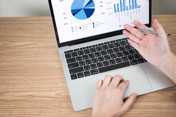 Poster - The hands of businessmen are analyzing graphs and data on computer monitors.