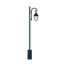 Flat Style Street Lamp Vector. Simple And Elegant Pole With Yellow Lantern.