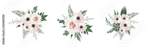 floral bouquet design anemone, Eucalyptus branch . Wedding  invite card Water...
