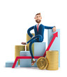 © bestpixels - 3d illustration. Businessman Billy goes to success. Concept of financial growth. Dashboard with the analysis of finance