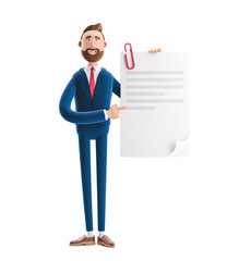 Sticker - 3d illustration. Handsome businessman Billy holds a completed document.