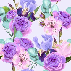 Sticker - Vector seamless pattern with roses and iris