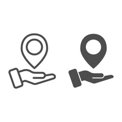 Poster - Hand holding map pin line and glyph icon. Map pointer in arm vector illustration isolated on white. Direction outline style design, designed for web and app. Eps 10.
