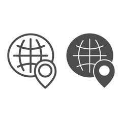 Poster - Globe location line and glyph icon. World map with location pin vector illustration isolated on white. Planet navigation outline style design, designed for web and app. Eps 10.