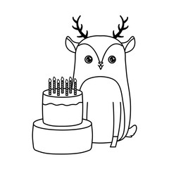 cute reindeer animal with cake of birthday