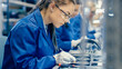 © Gorodenkoff - Female Electronics Factory Workers in Blue Work Coat and Protective Glasses Assembling Printed Circuit Boards for Smartphones with Tweezers. High Tech Factory with more Employees in the Background.