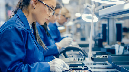 Wall Mural - Female Electronics Factory Workers in Blue Work Coat and Protective Glasses Assembling Printed Circuit Boards for Smartphones with Tweezers. High Tech Factory with more Employees in the Background. 