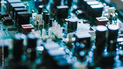 Fotomural Close-up Macro Shot of Electronic Printed Circuit Board with Microchips, Transistors, Semiconductors, Capacitors on the Motherboard