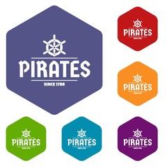 Sticker - Pirate ship icons vector colorful hexahedron set collection isolated on white 