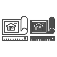 Poster - Drawing plan line and glyph icon. Architecture plan vector illustration isolated on white. Project outline style design, designed for web and app. Eps 10.