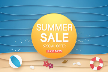 Wall Mural - summer sale banner with abstract sea and beach with stuff background , paper art style