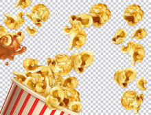 Popcorn With Caramel Vectorized Image. 3d Realistic Vector Set