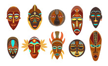 Flat Set Of Colorful African Ethnic Tribal Ritual Masks Of Different Shape Isolated On White Background.