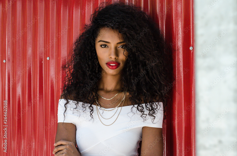 Black woman with red lips looking at camera Stock Photo | Adobe Stock