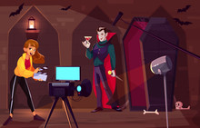 Filming Movie Or Clip About Count Dracula Cartoon Vector Concept. Actor In Vampire Costume Standing In Front Of Camera With With Glass Of Blood In Hand, Near Opened Coffin In Dark Dungeon Illustration
