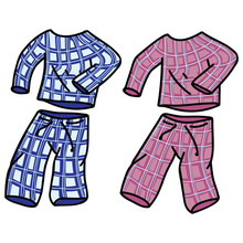 Cute pyjamas vector illustration motif set. Hand drawn isolated domestic sleepy elements clipart for home blog, cozy graphic, boys and girls clothes web buttons.