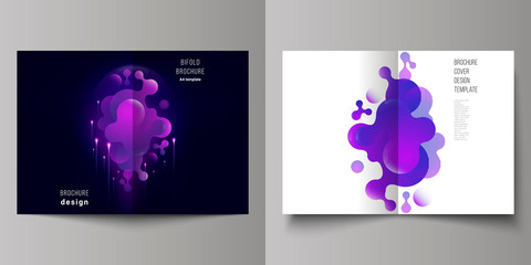 The vector layout of two A4 format cover mockups design templates for bifold brochure, magazine, flyer, booklet, report. Black background with fluid gradient, liquid blue colored geometric element.